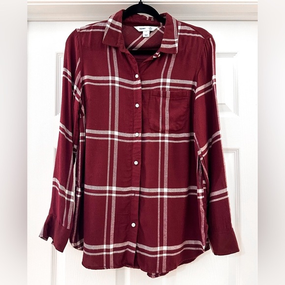 OLD NAVY Classic Shirt button down long sleeve flannel plaid shirt Crimson - Picture 2 of 6